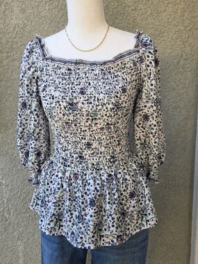 Max Studio White Floral Smocked Peplum Blouse
